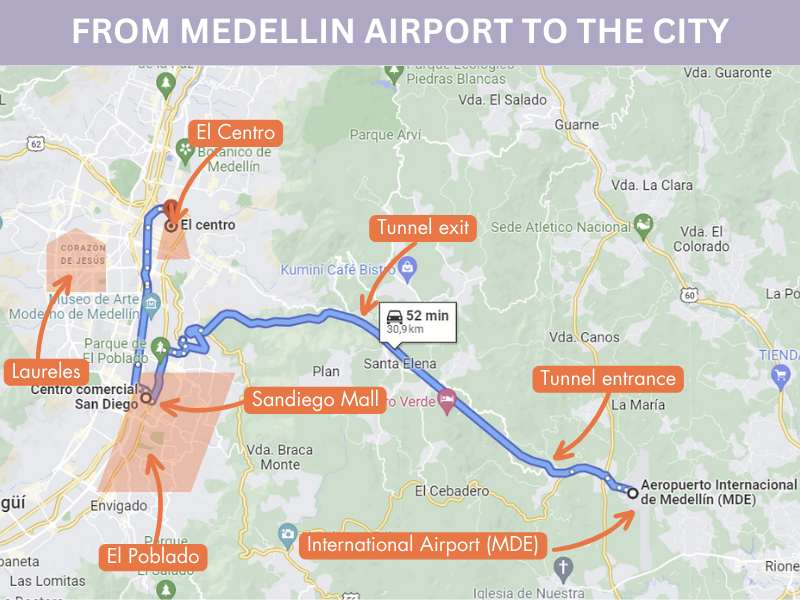 Map From Medellin Airport to the City