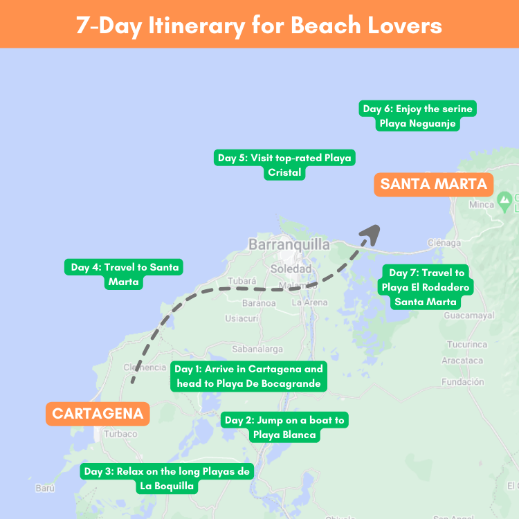 Itinerary for Beach Lovers in Colombia map